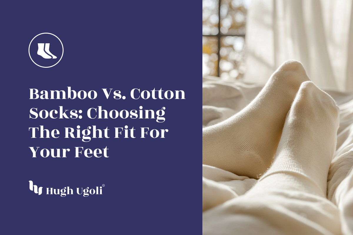 Cozy feet wearing soft bamboo socks resting on a bed in natural sunlight, with curtains and a serene window view in the background.